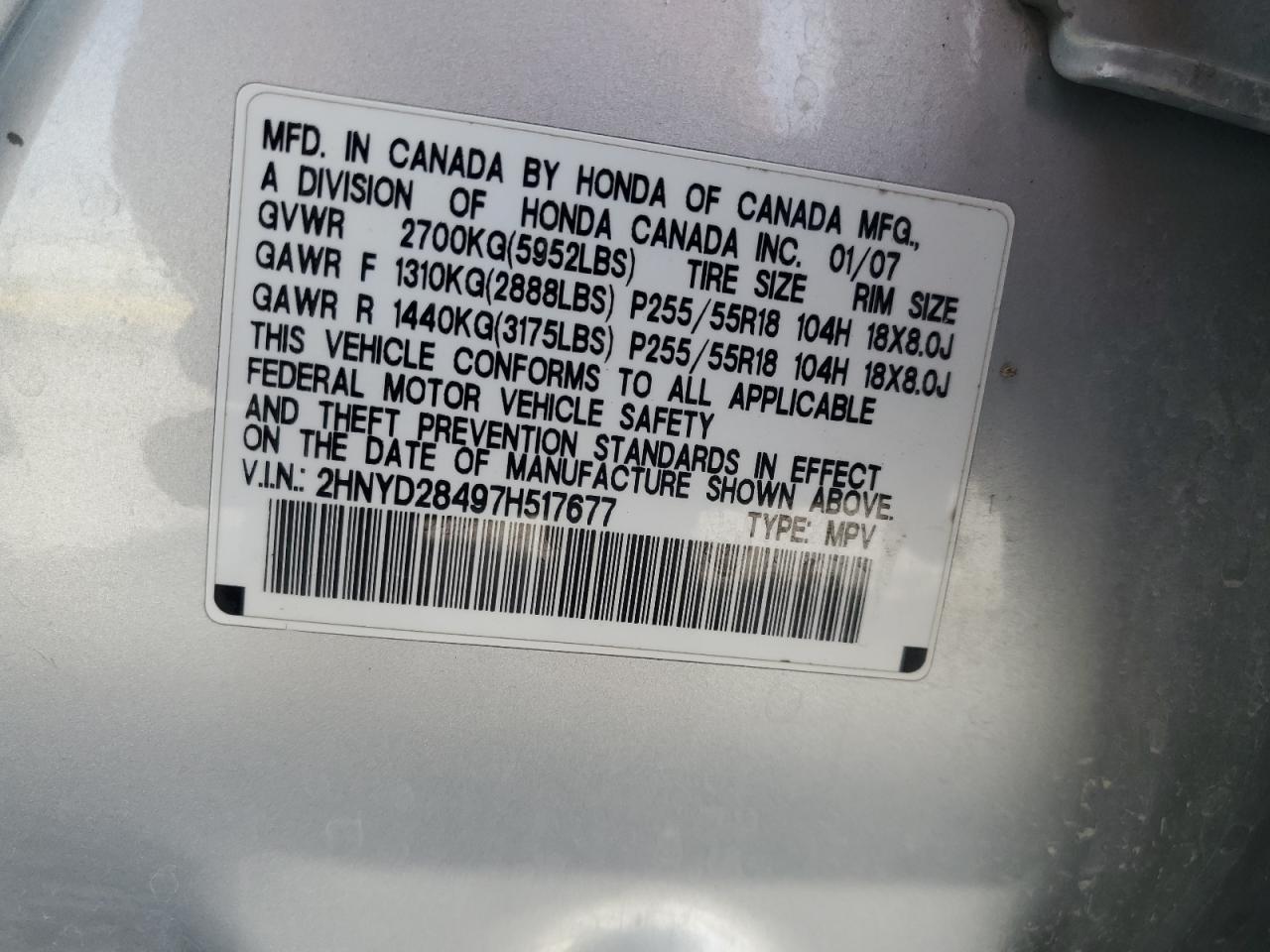 2007 Acura Mdx Technology VIN: 2HNYD28497H517677 Lot: 89578805