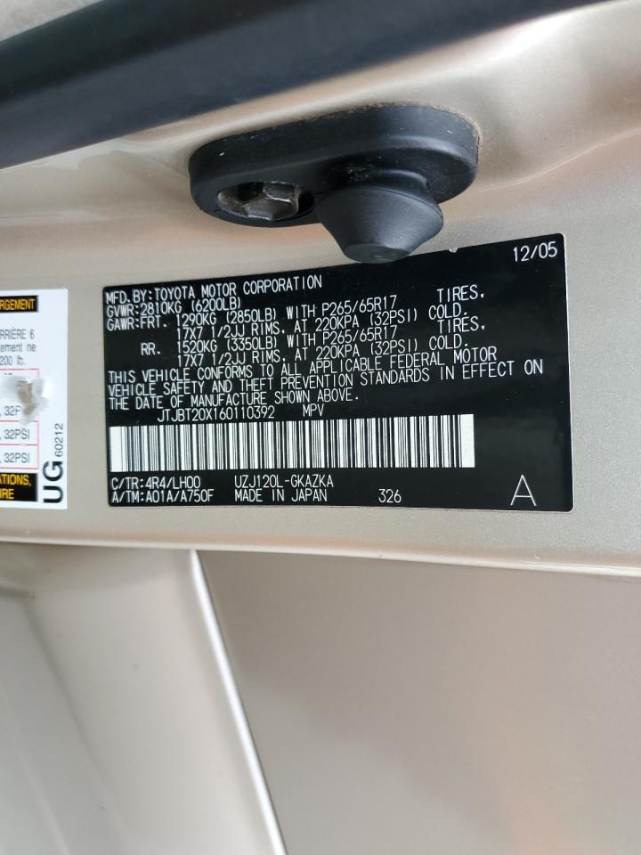 2006 Lexus Gx 470 VIN: JTJBT20X160110392 Lot: 82286765