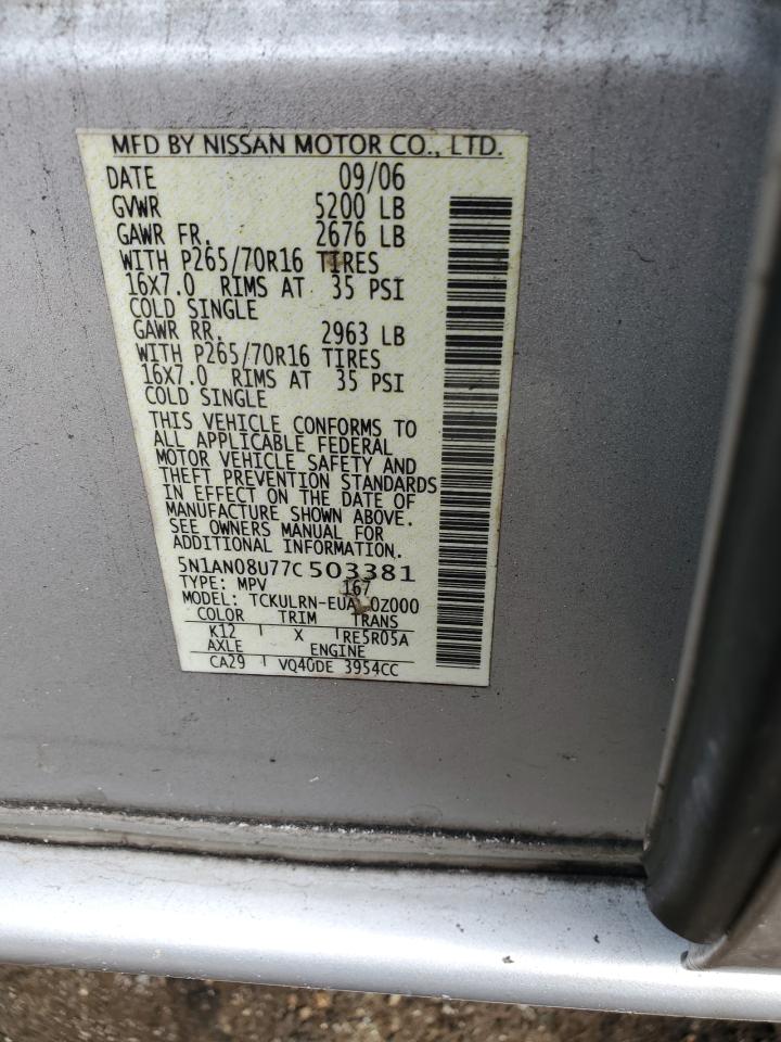 2007 Nissan Xterra Off Road VIN: 5N1AN08U77C503381 Lot: 82289255