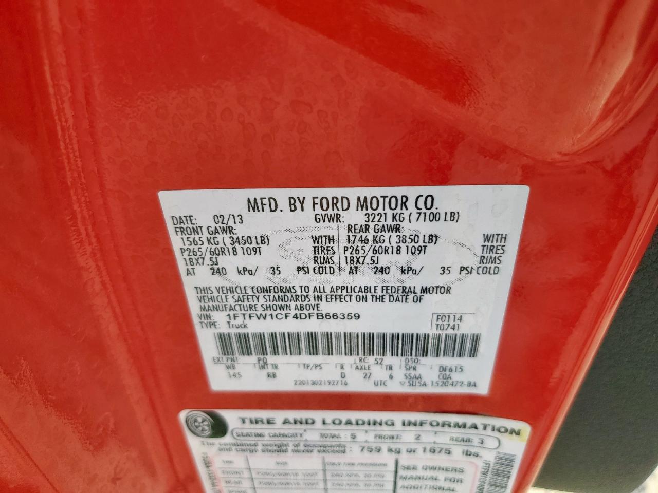 2013 Ford F150 Supercrew VIN: 1FTFW1CF4DFB66359 Lot: 86452165