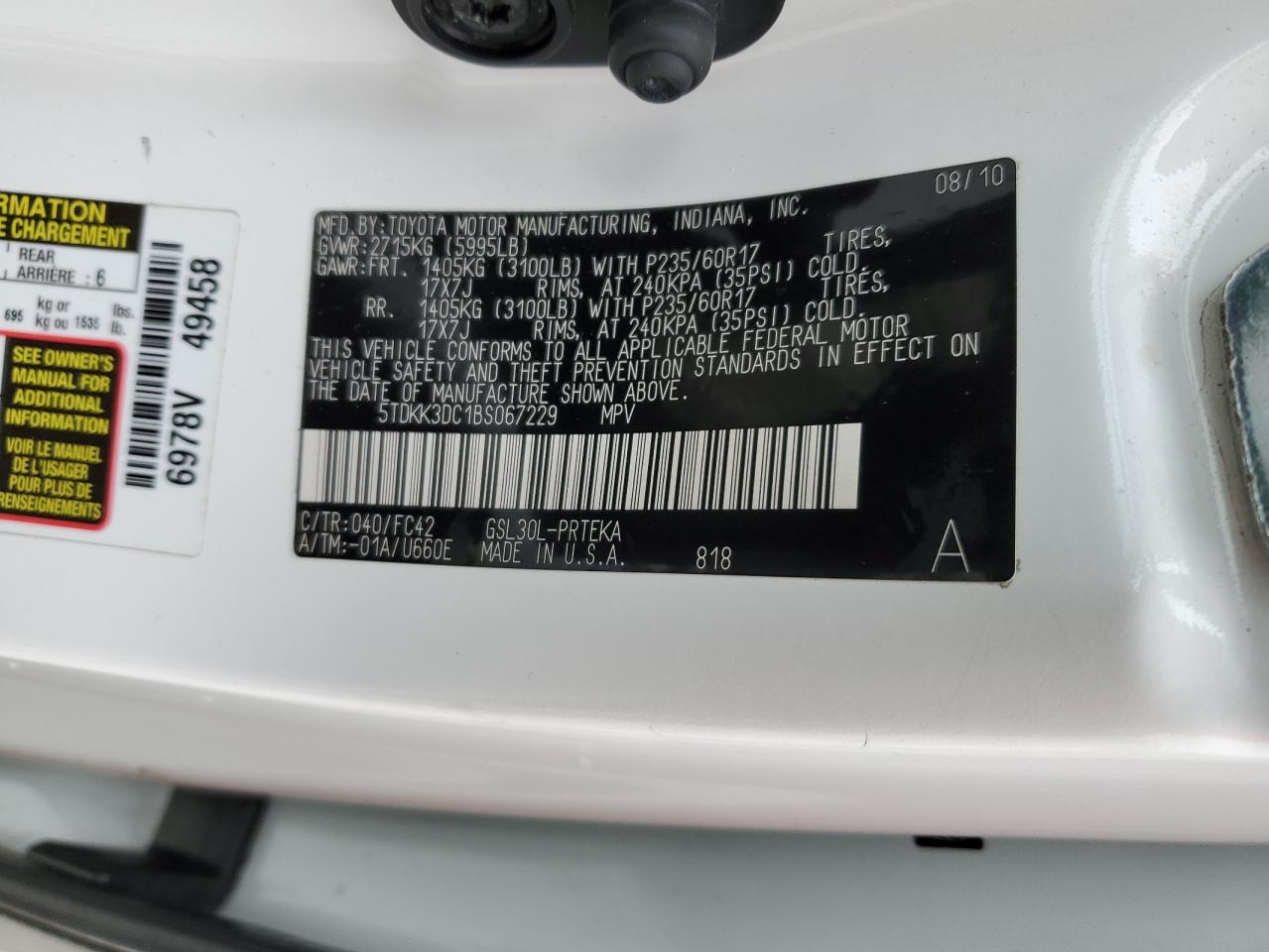 2011 Toyota Sienna Le VIN: 5TDKK3DC1BS067229 Lot: 96815535