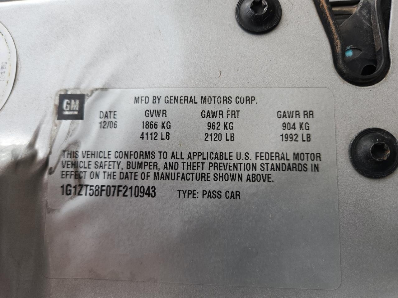 2007 Chevrolet Malibu Lt VIN: 1G1ZT58F07F210943 Lot: 87302655