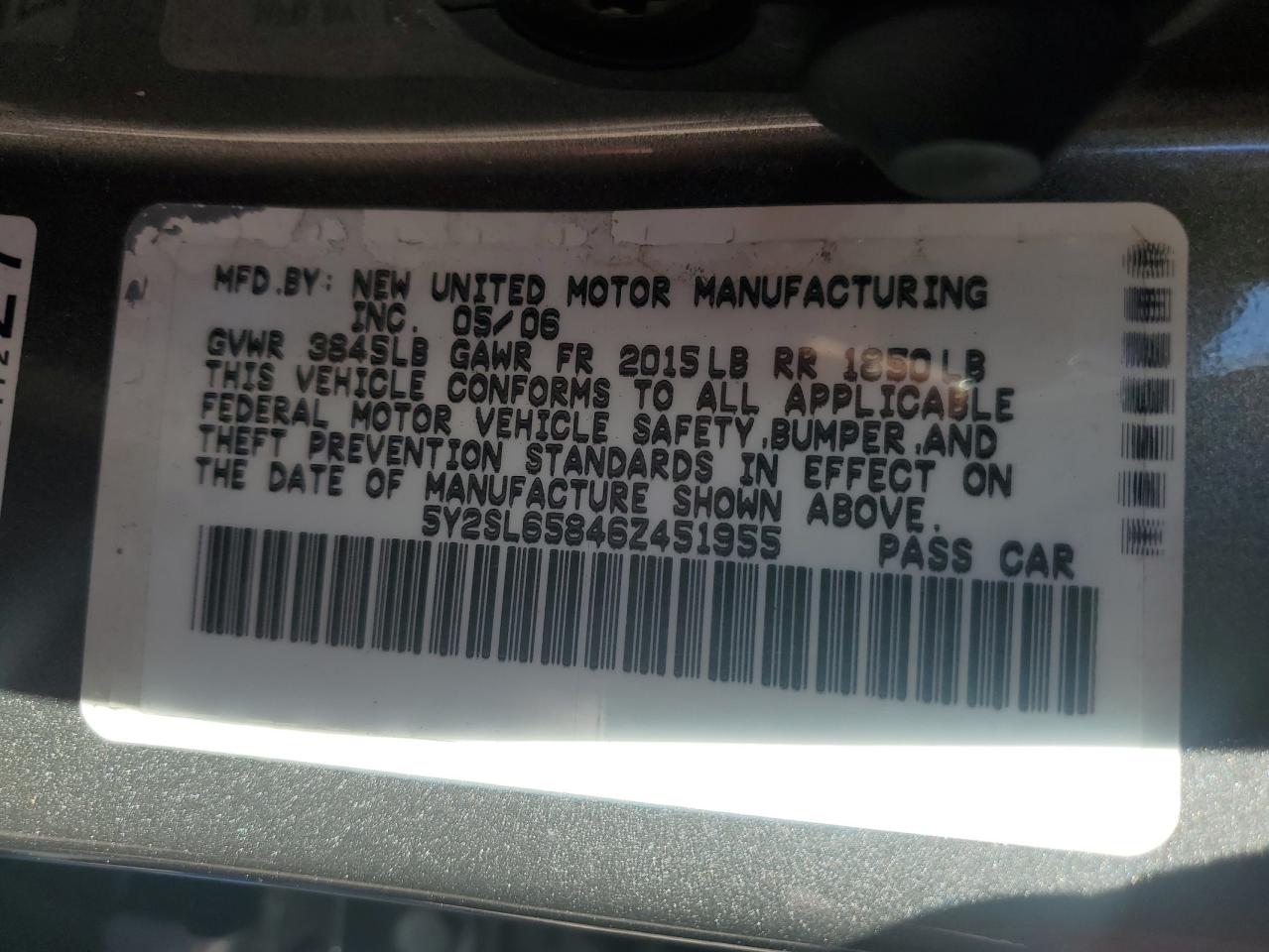 2006 Pontiac Vibe VIN: 5Y2SL65846Z451955 Lot: 87012565