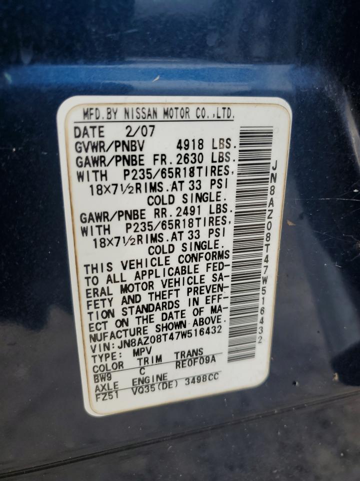 2007 Nissan Murano Sl VIN: JN8AZ08T47W516432 Lot: 85886925