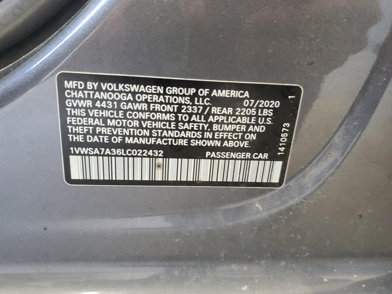 2020 Volkswagen Passat Se VIN: 1VWSA7A36LC022432 Lot: 85518795