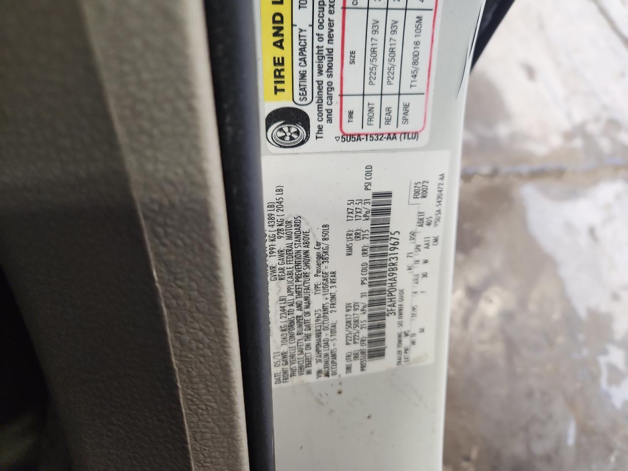 2011 Ford Fusion Se VIN: 3FAHP0HA9BR319675 Lot: 85082445