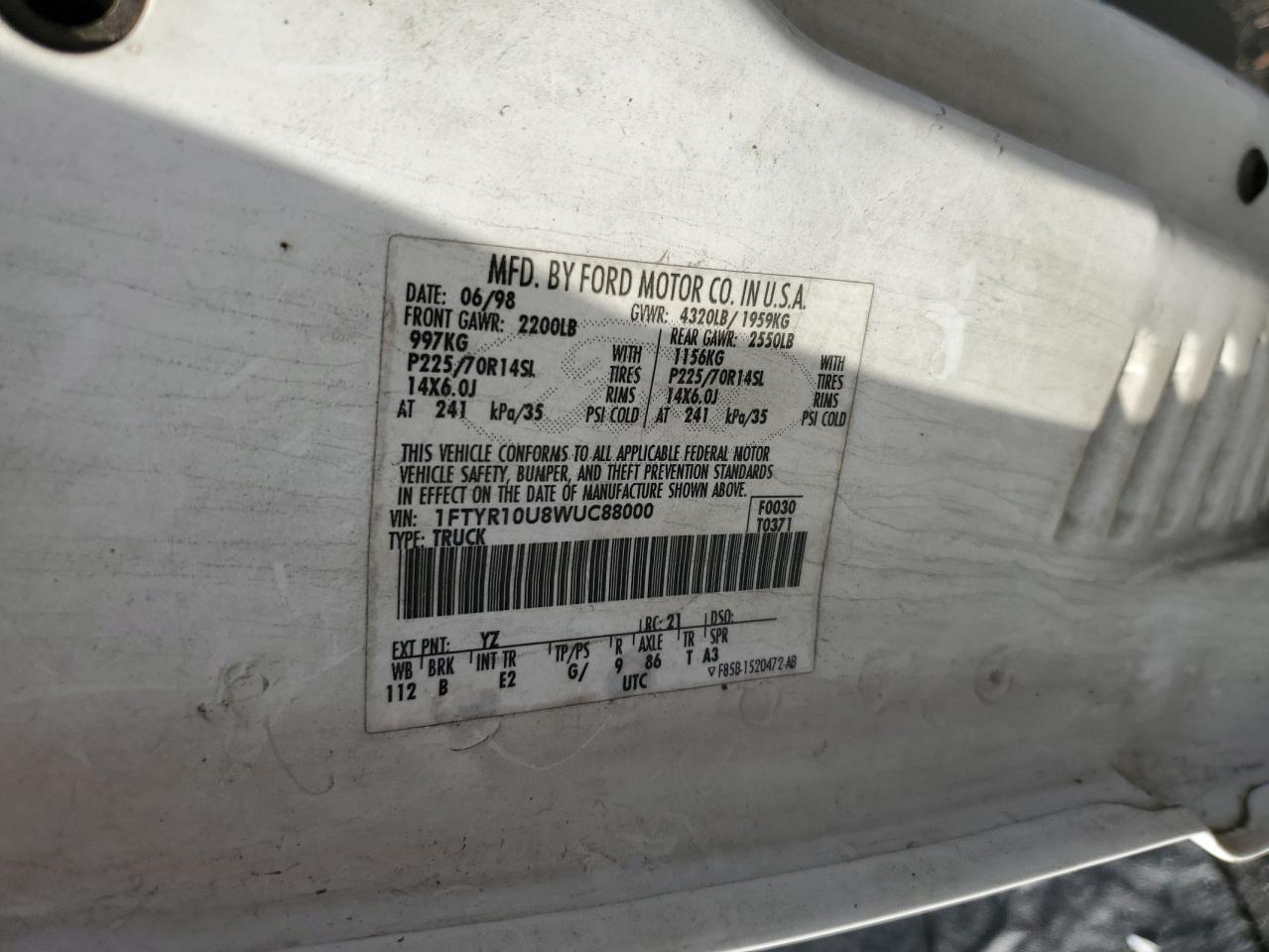 1998 Ford Ranger VIN: 1FTYR10U8WUC88000 Lot: 82001445