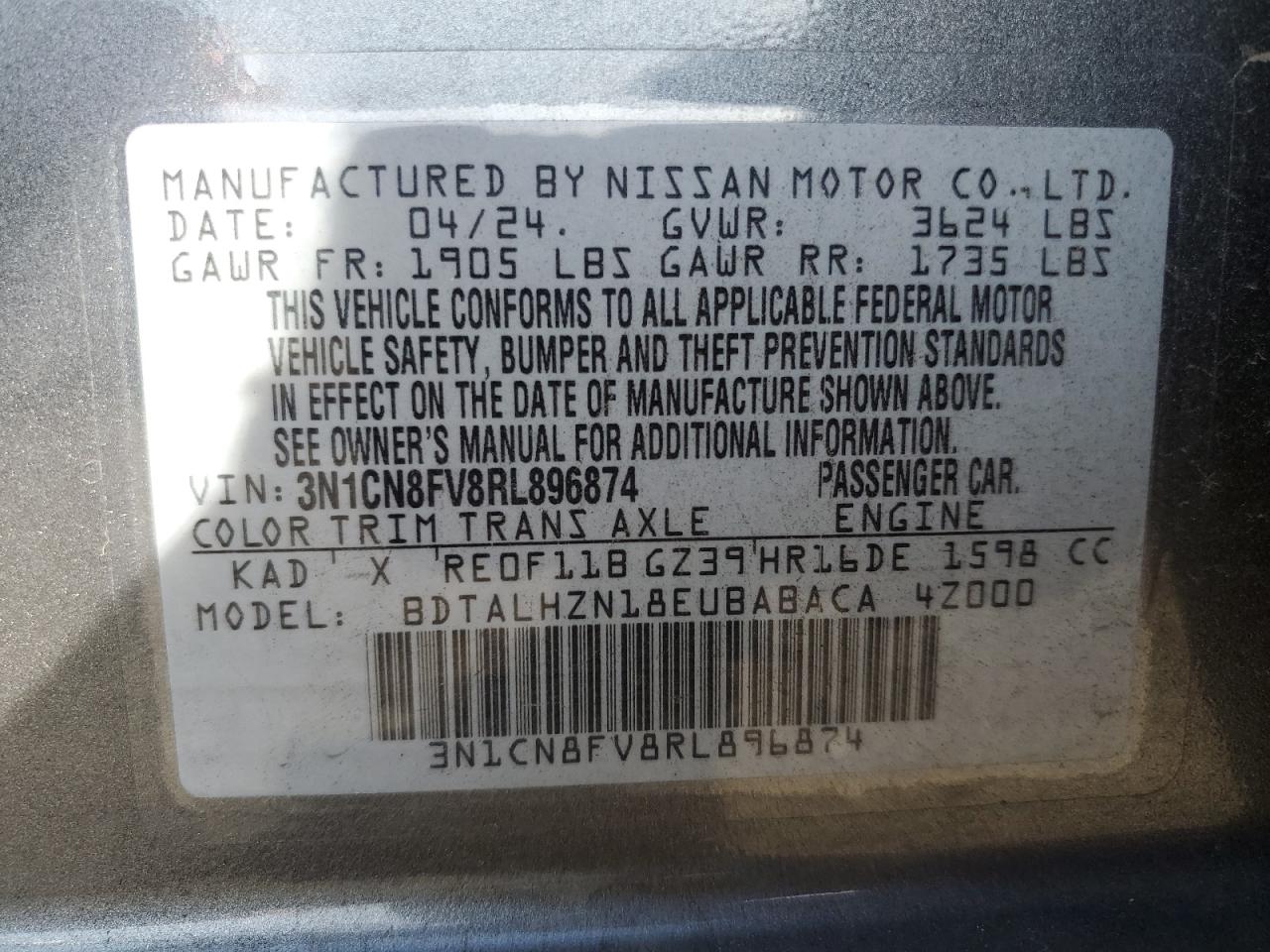 2024 Nissan Versa Sr VIN: 3N1CN8FV8RL896874 Lot: 84946745