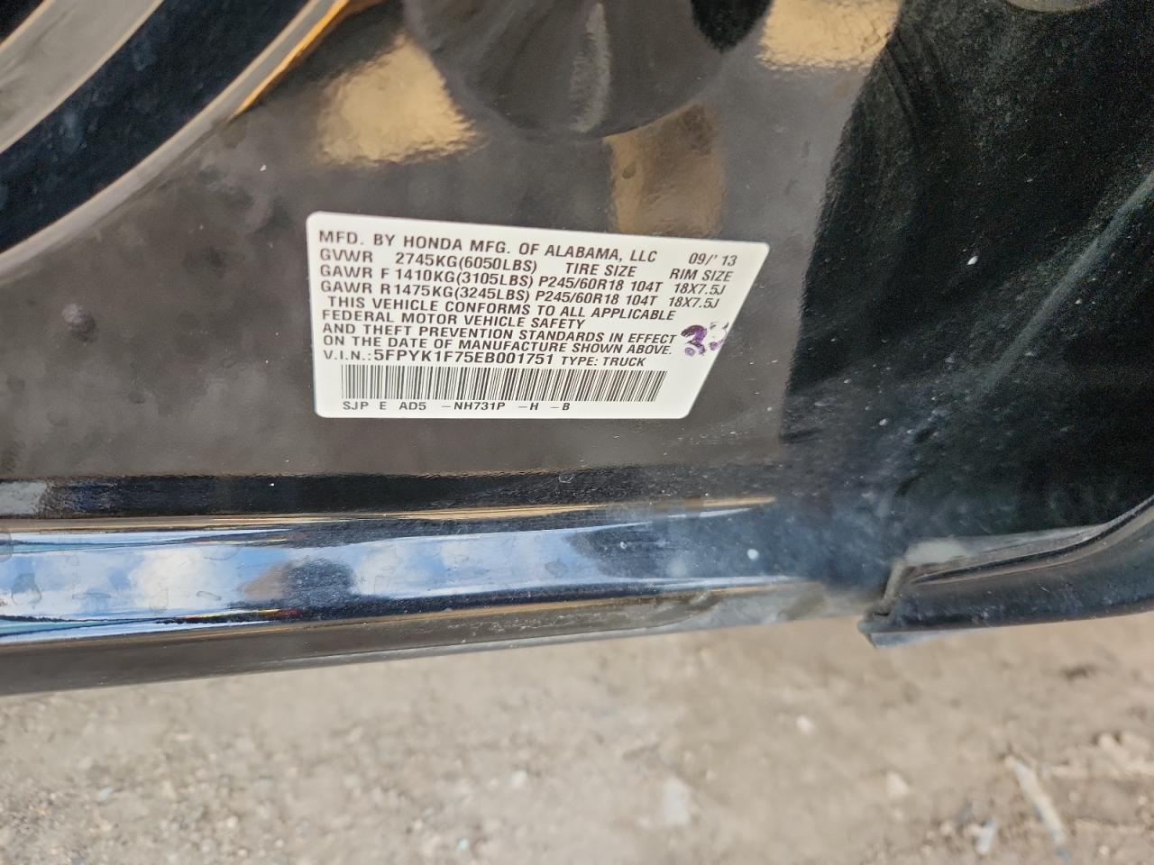 2014 Honda Ridgeline Sport VIN: 5FPYK1F75EB001751 Lot: 85188215