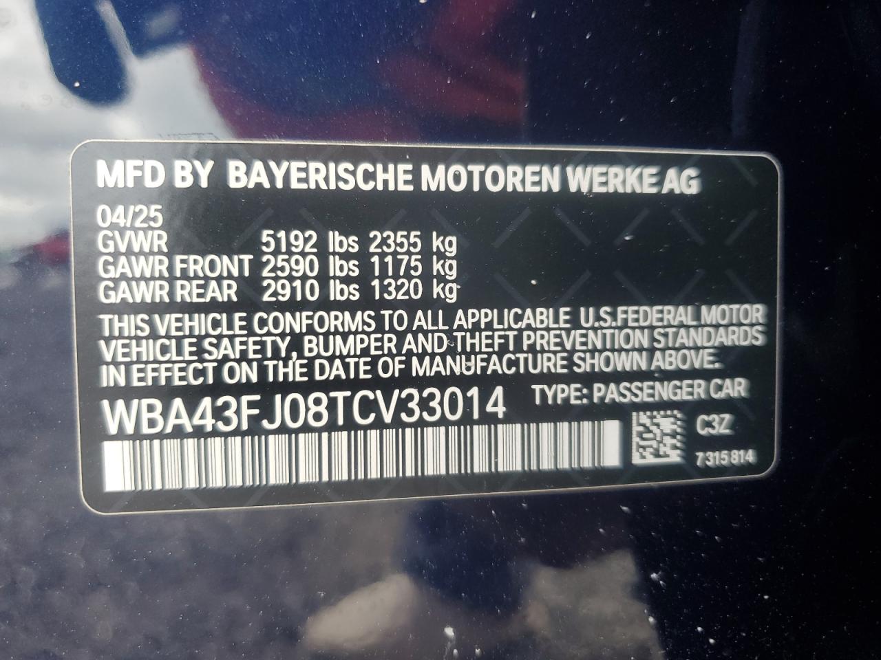2026 BMW 530 I VIN: WBA43FJ08TCV33014 Lot: 82263385