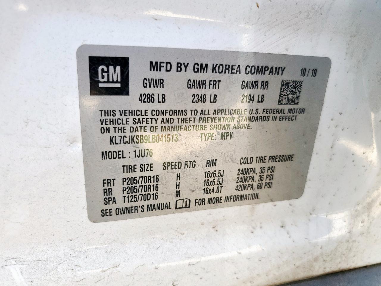 2020 Chevrolet Trax Ls VIN: KL7CJKSB9LB041513 Lot: 81965295