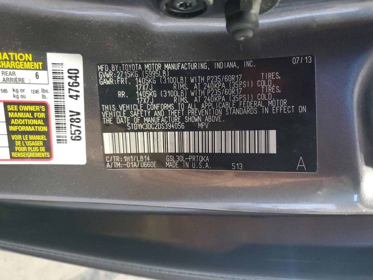 2013 Toyota Sienna Xle VIN: 5TDYK3DC2DS394056 Lot: 85862335