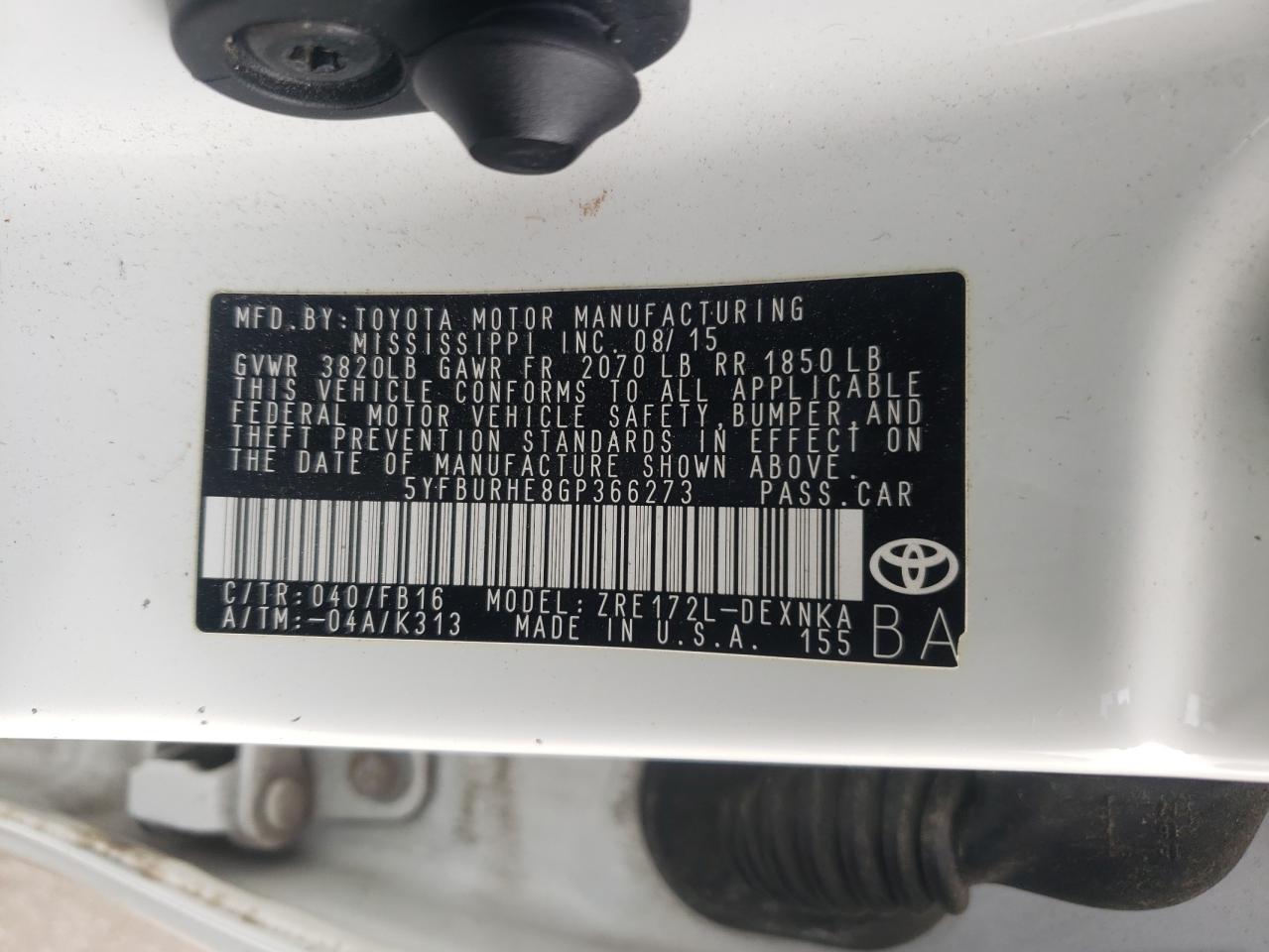 2016 Toyota Corolla L VIN: 5YFBURHE8GP366273 Lot: 82282555