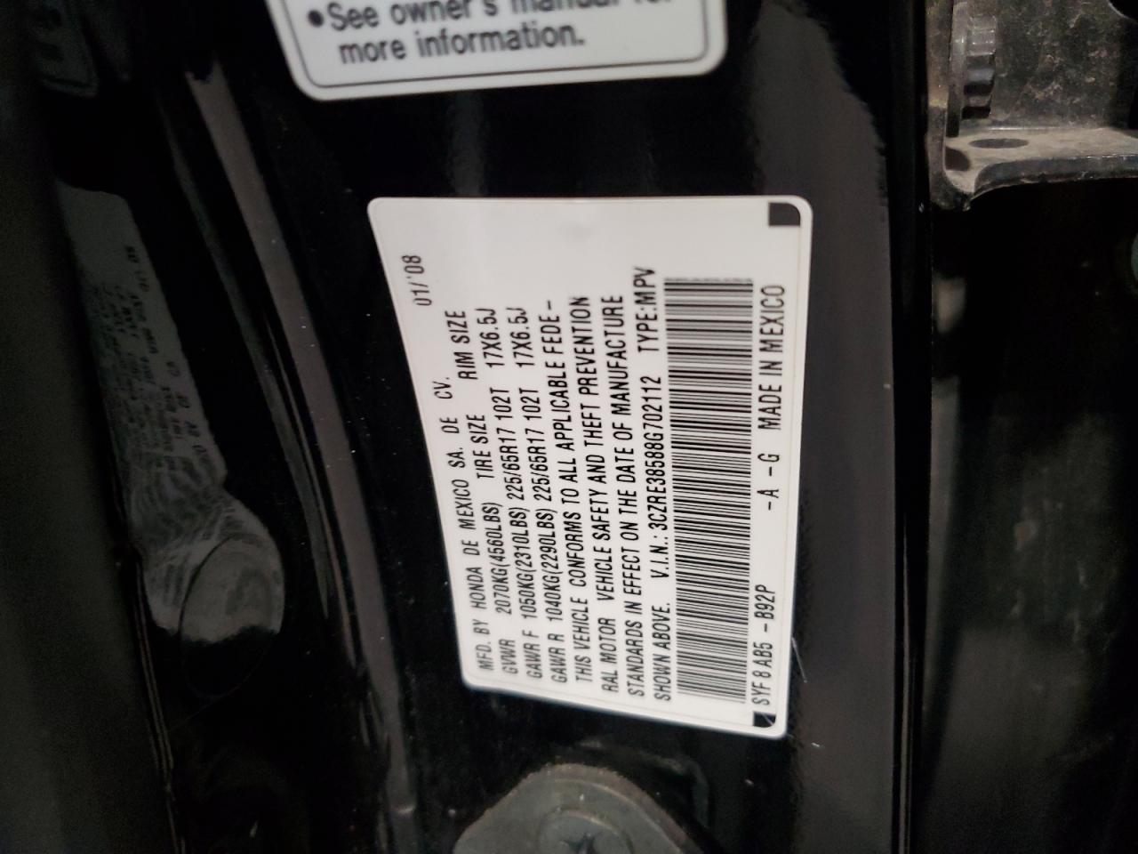 2008 Honda Cr-V Ex VIN: 3CZRE38588G702112 Lot: 82600375