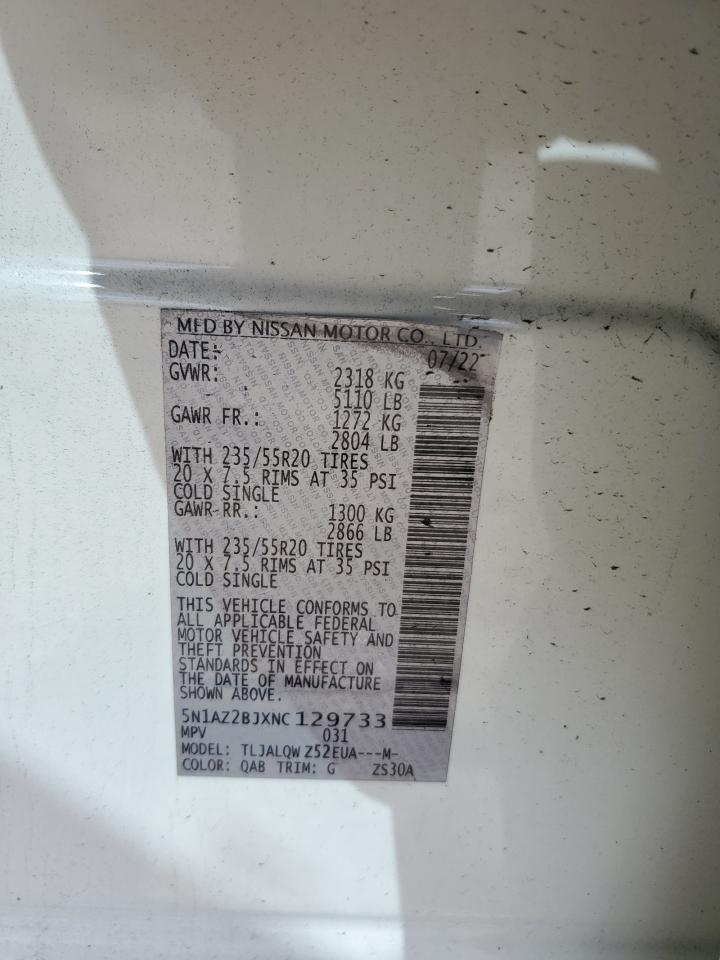 2022 Nissan Murano Sv VIN: 5N1AZ2BJXNC129733 Lot: 84952875