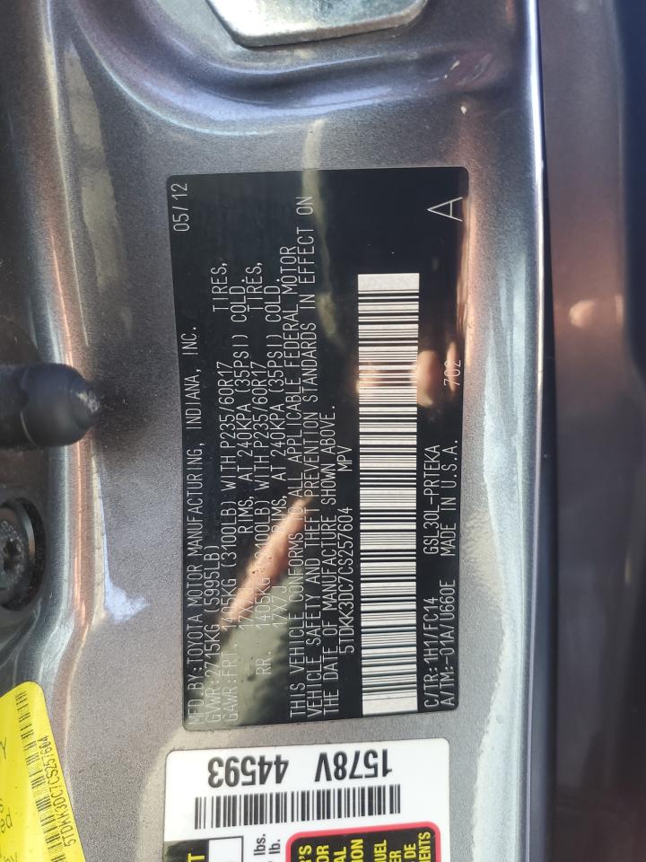 2012 Toyota Sienna Le VIN: 5TDKK3DC7CS257604 Lot: 87441625