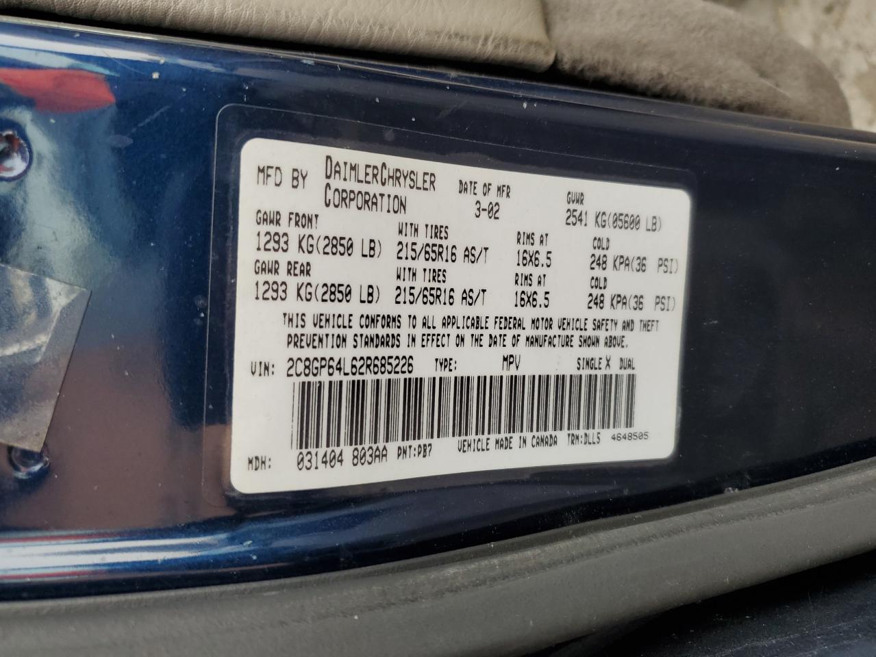 2002 Chrysler Town & Country Limited VIN: 2C8GP64L62R685226 Lot: 91086045