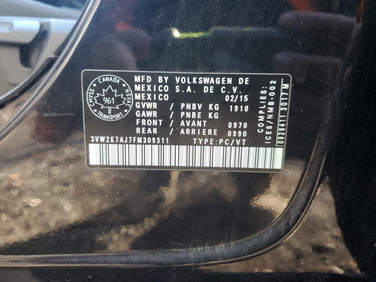 2015 Volkswagen Jetta Base VIN: 3VW2K7AJ7FM309311 Lot: 85188195