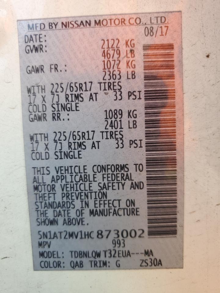 2017 Nissan Rogue Sv VIN: 5N1AT2MV1HC873002 Lot: 86322655