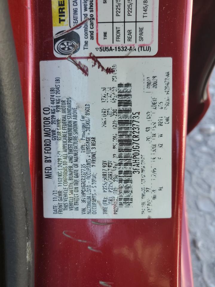 2012 Ford Fusion Sel VIN: 3FAHP0JG7CR237735 Lot: 81958065