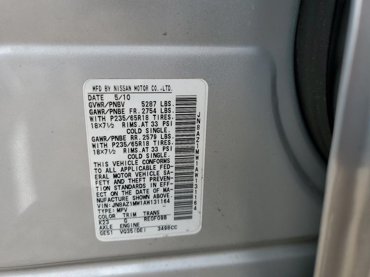 2010 Nissan Murano S VIN: JN8AZ1MW1AW131164 Lot: 85722025