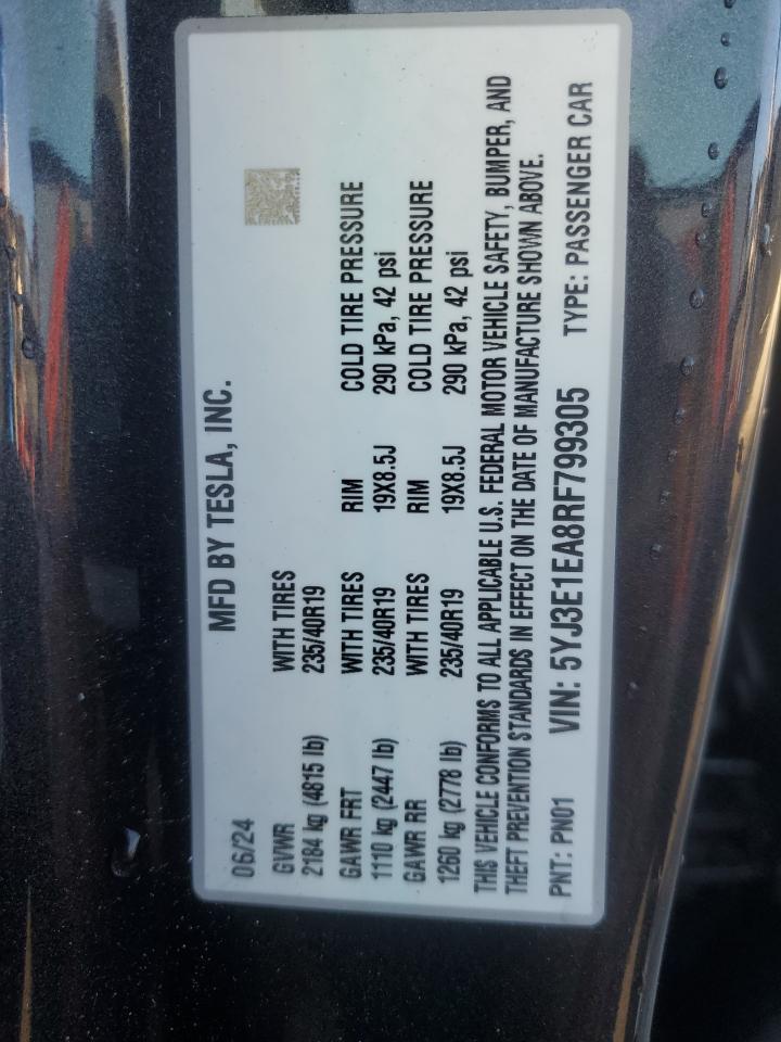 2024 Tesla Model 3 VIN: 5YJ3E1EA8RF799305 Lot: 86316045