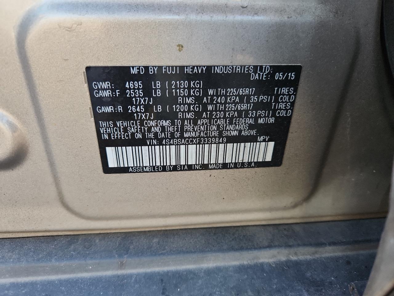 2015 Subaru Outback 2.5I Premium VIN: 4S4BSACCXF3339849 Lot: 84791485