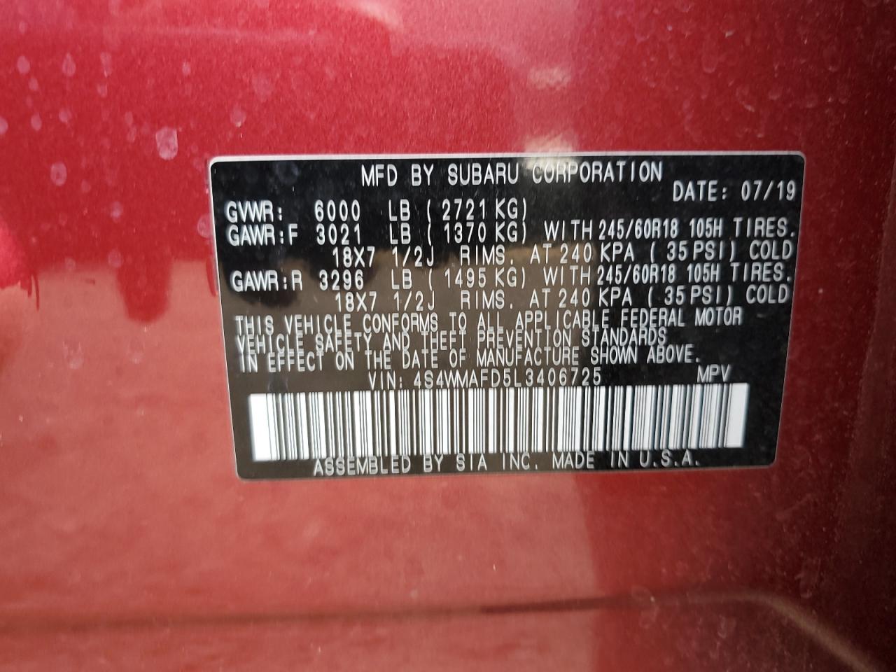 2020 Subaru Ascent Premium VIN: 4S4WMAFD5L3406725 Lot: 81985275