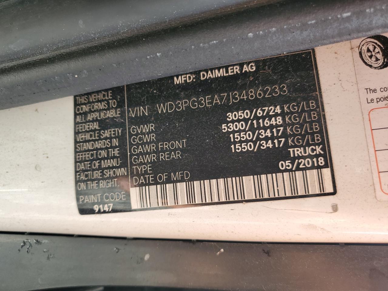 2018 Mercedes-Benz Metris VIN: WD3PG3EA7J3486233 Lot: 86158095