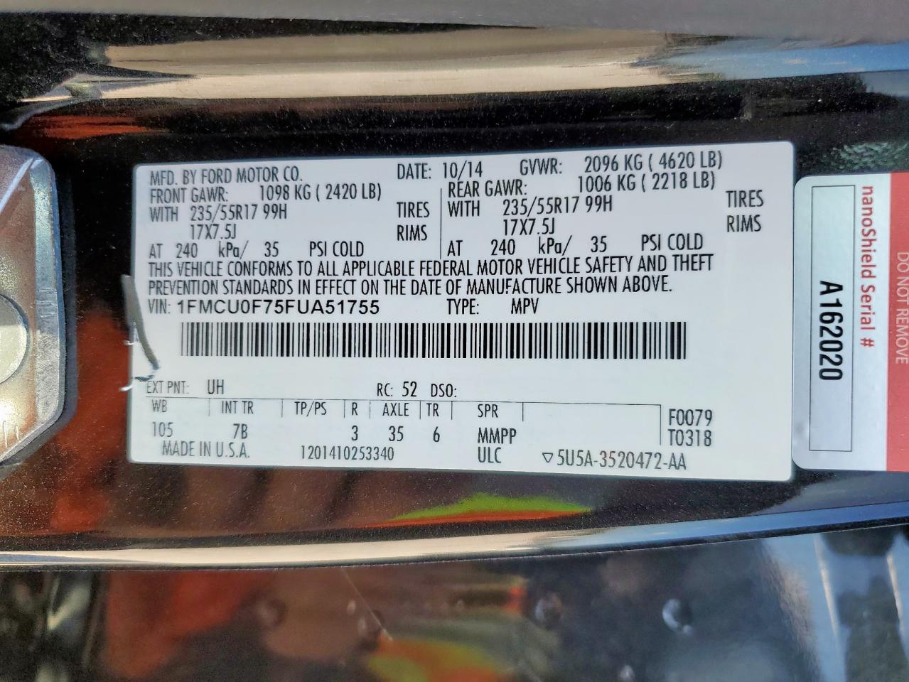 2015 Ford Escape S VIN: 1FMCU0F75FUA51755 Lot: 84578135