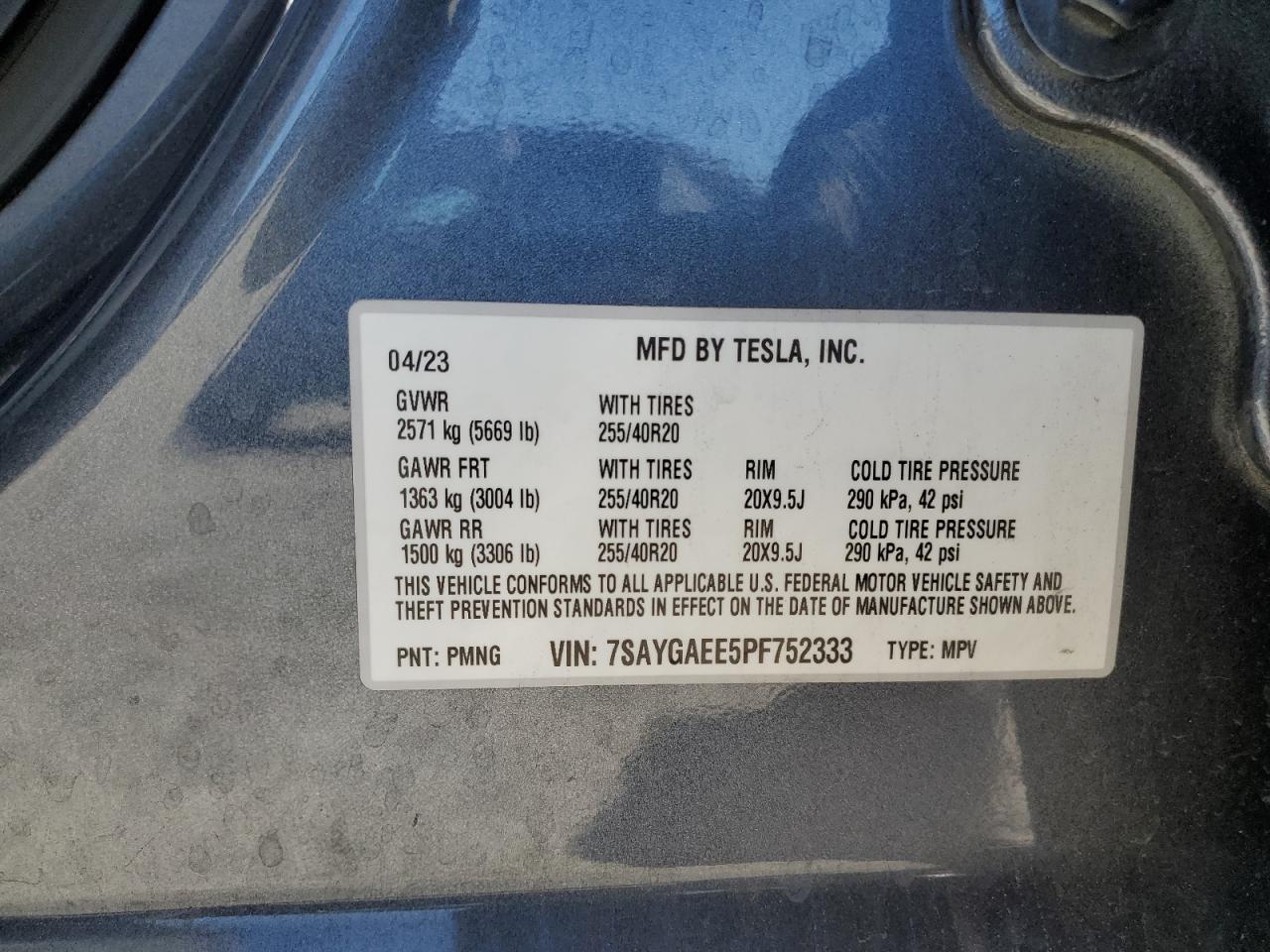 2023 Tesla Model Y VIN: 7SAYGAEE5PF752333 Lot: 85344975