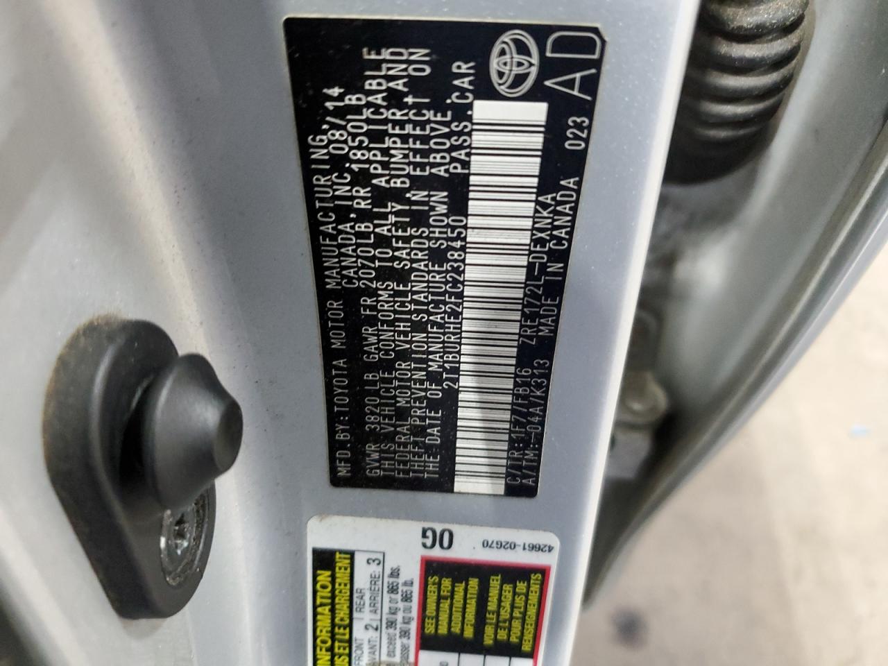 2015 Toyota Corolla L VIN: 2T1BURHE2FC238450 Lot: 84657515