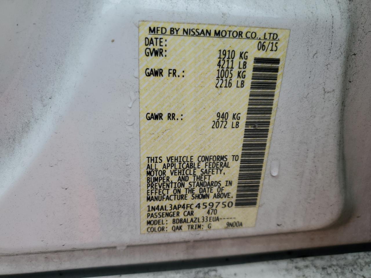 2015 Nissan Altima 2.5 VIN: 1N4AL3AP4FC459750 Lot: 86076665