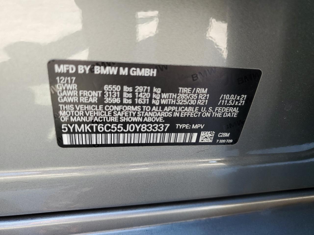 2018 BMW X5 M VIN: 5YMKT6C55J0Y83337 Lot: 85378645