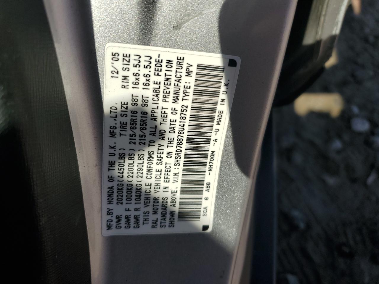 2006 Honda Cr-V Ex VIN: SHSRD78876U418752 Lot: 85524135