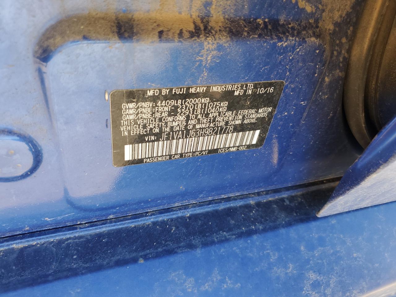 2017 Subaru Wrx Limited VIN: JF1VA1J63H9821778 Lot: 84617585