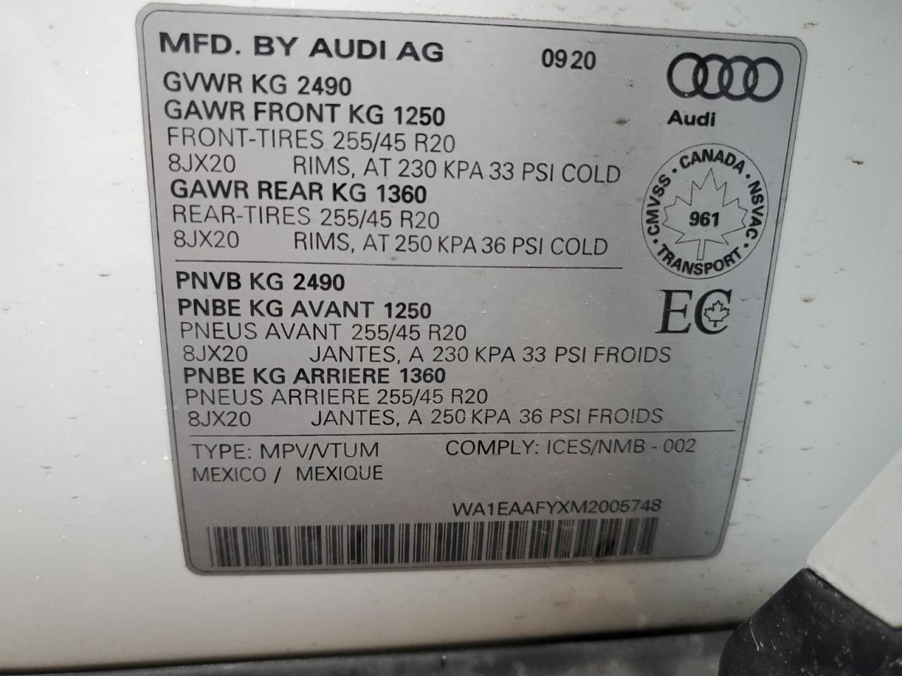 2021 Audi Q5 Progressiv VIN: WA1EAAFYXM2005748 Lot: 91147505