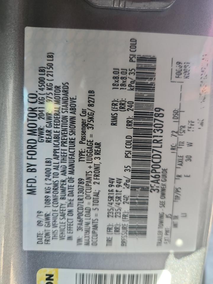 2020 Ford Fusion Sel VIN: 3FA6P0CD7LR130789 Lot: 87429645