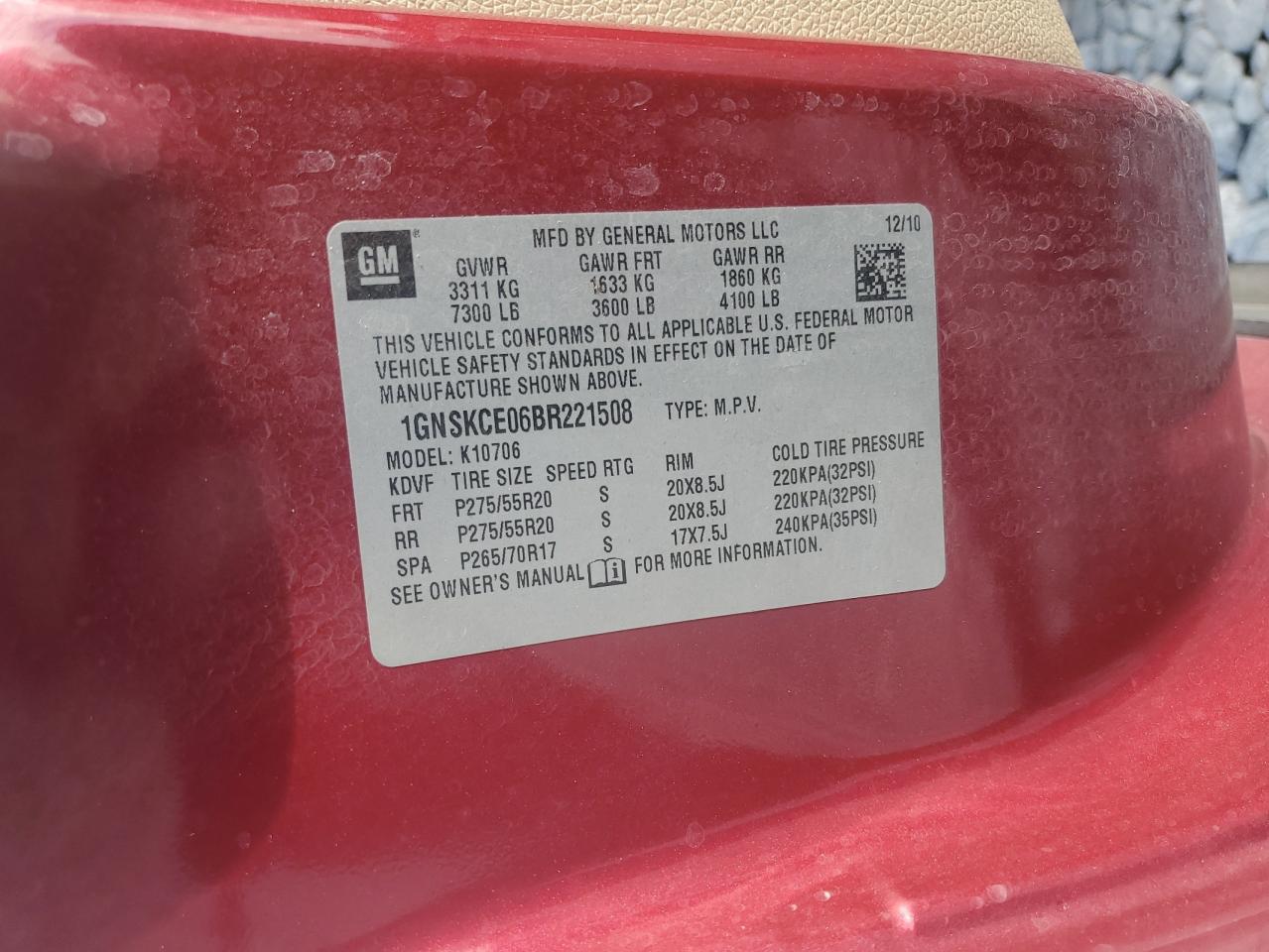 2011 Chevrolet Tahoe K1500 Ltz VIN: 1GNSKCE06BR221508 Lot: 82602335