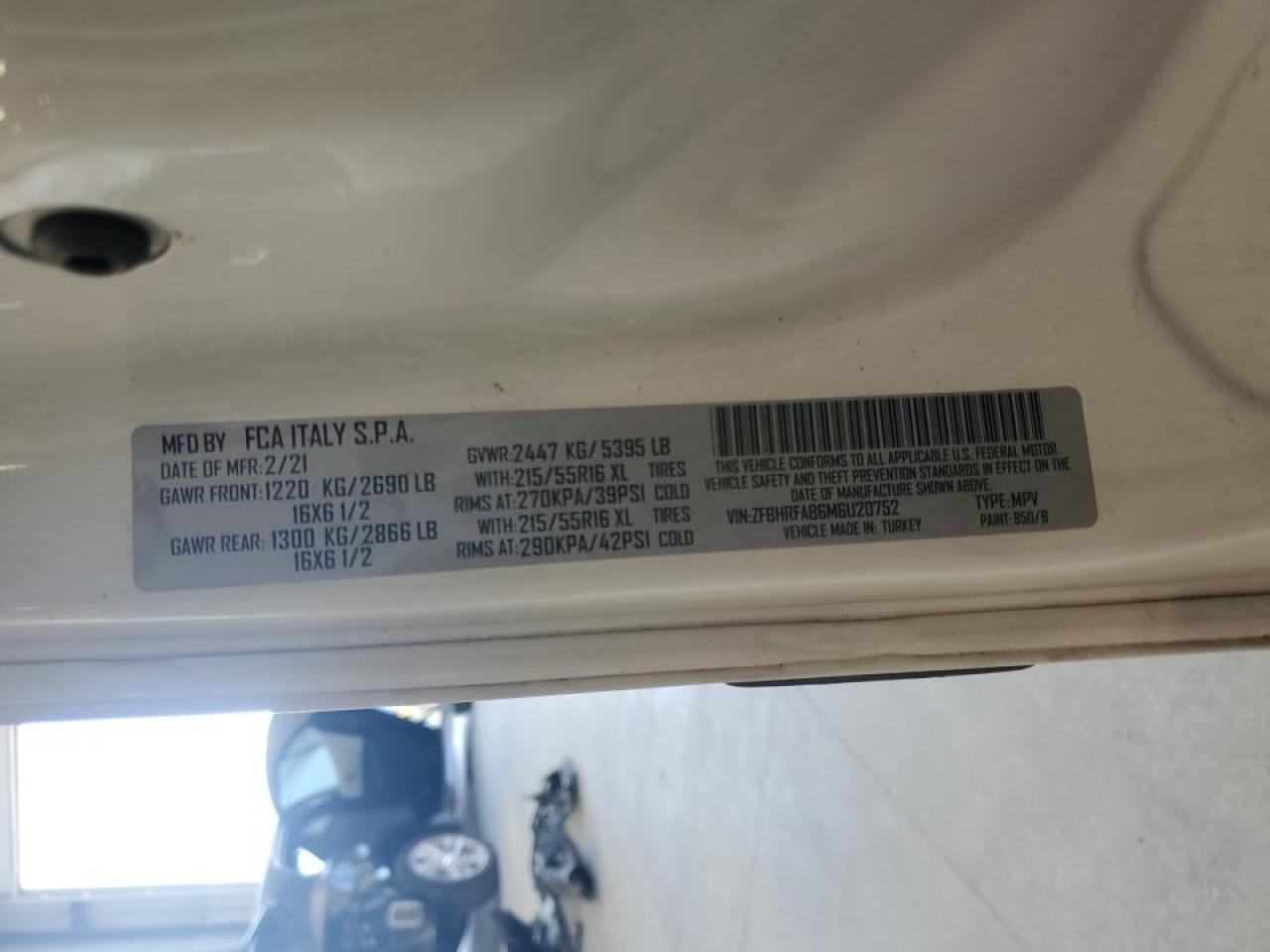 2021 Ram Promaster Delivery Van VIN: ZFBHRFAB6M6U20752 Lot: 86339835