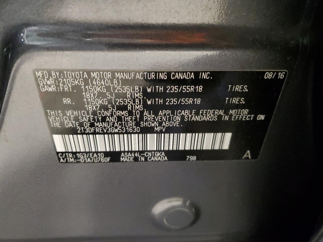 2016 Toyota Rav4 Limited VIN: 2T3DFREV3GW531630 Lot: 82248665