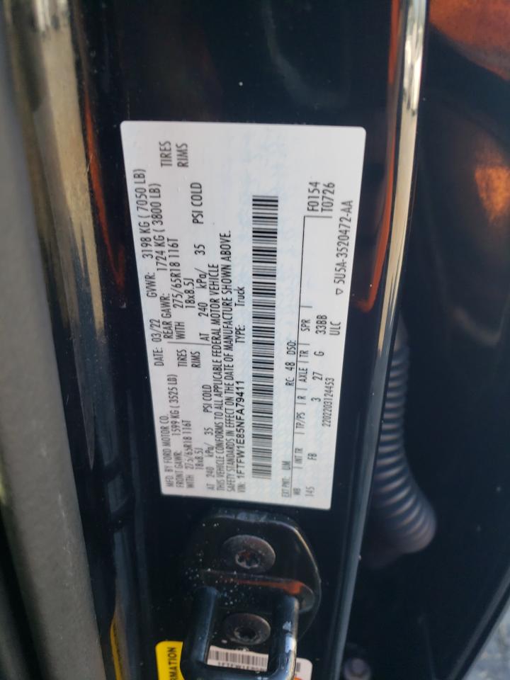 2022 Ford F150 Supercrew VIN: 1FTFW1E85NFA79411 Lot: 84457985