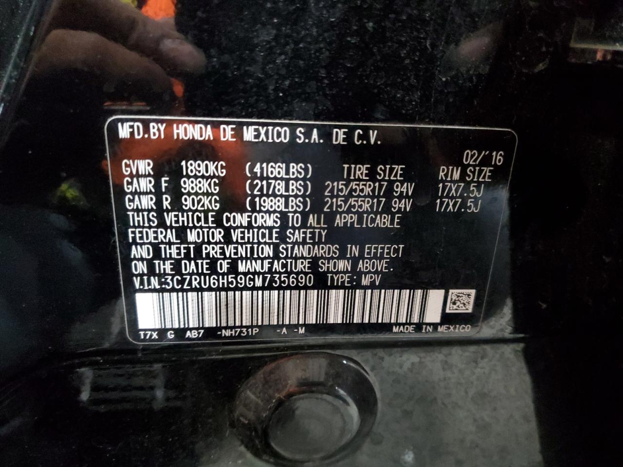 2016 Honda Hr-V Ex VIN: 3CZRU6H59GM735690 Lot: 85270405