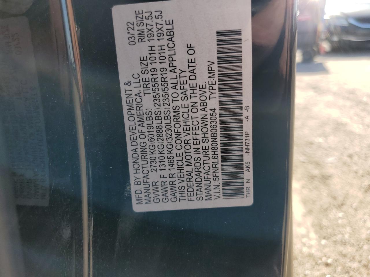 2022 Honda Odyssey Touring VIN: 5FNRL6H80NB063054 Lot: 86162245