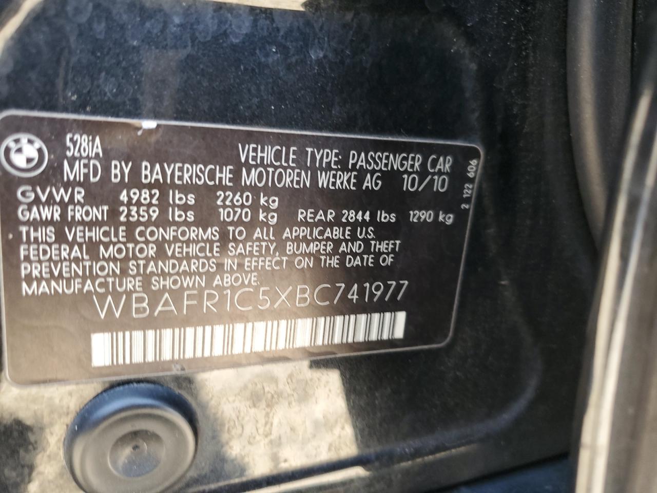 2011 BMW 528 I VIN: WBAFR1C5XBC741977 Lot: 86118225