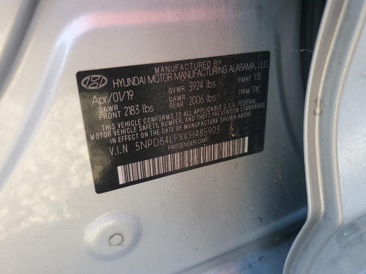 2019 Hyundai Elantra Sel VIN: 5NPD84LFXKH485903 Lot: 86191015