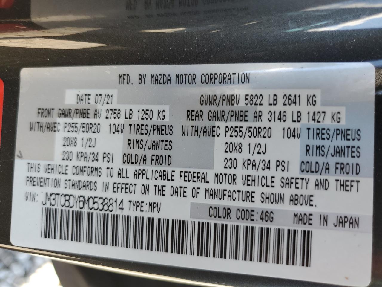 2021 Mazda Cx-9 Grand Touring VIN: JM3TCBDY6M0538814 Lot: 85152125