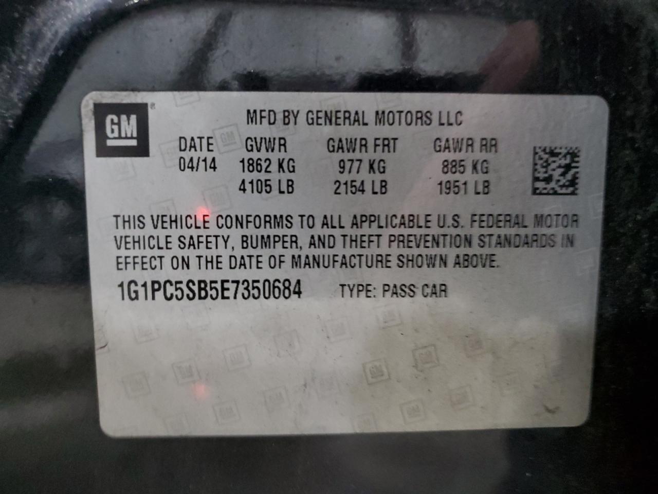 2014 Chevrolet Cruze Lt VIN: 1G1PC5SB5E7350684 Lot: 90305095