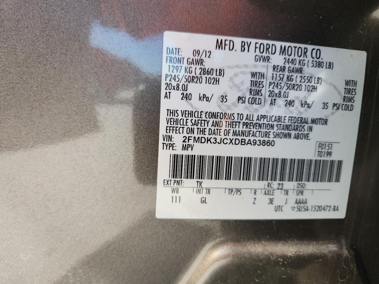 2013 Ford Edge Sel VIN: 2FMDK3JCXDBA93860 Lot: 87489365