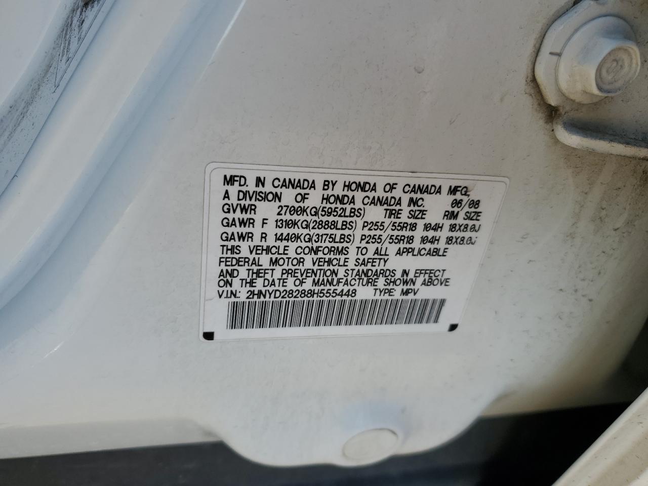 2008 Acura Mdx VIN: 2HNYD28288H555448 Lot: 85326485
